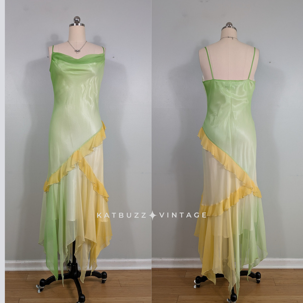 Vintage Midi Dress Prom Gown 12 Yellow Green Ombre Fairy Tinkerbelle Y2K Nymph